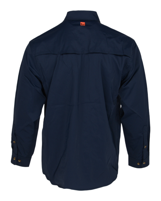 Banded Breezepoint Vented Shirt in Navy, vented back cape, back view