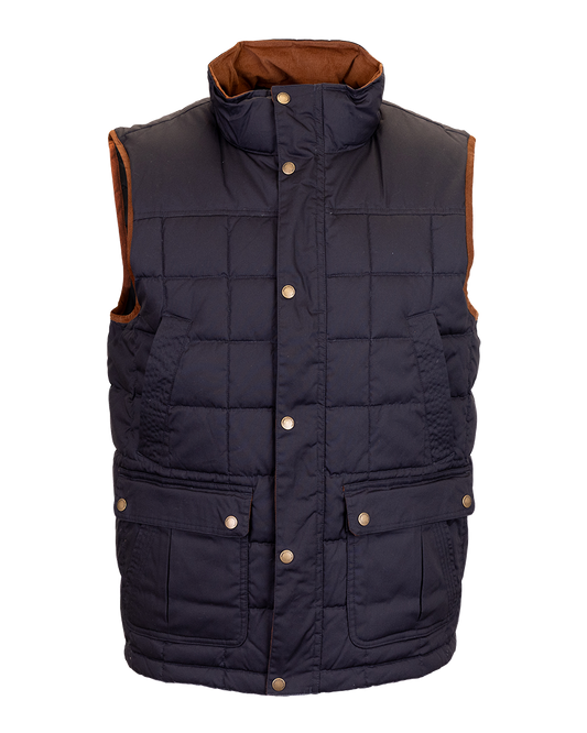 Banded Backland Vest in Navy, quilted insulated vest, front detail