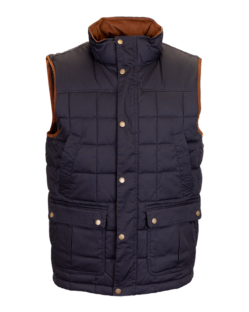 Banded Backland Vest in Navy, quilted insulated vest, front detail
