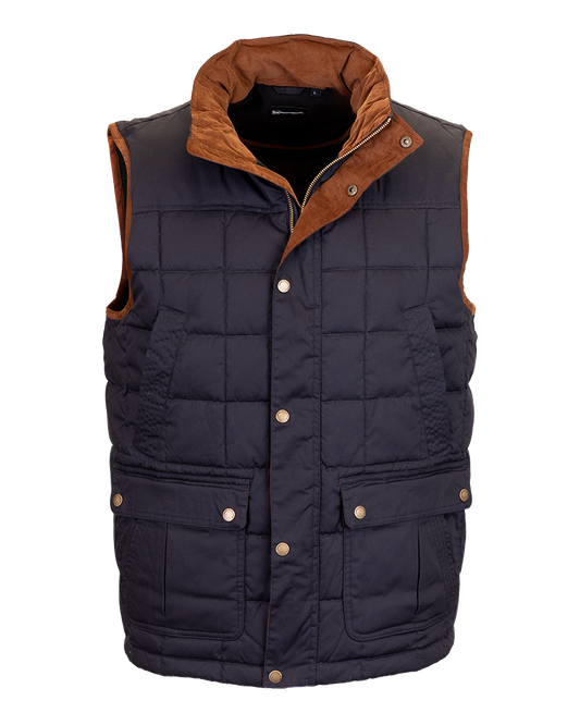 Banded Backland Vest in Navy, snap flap patch pockets, front detail