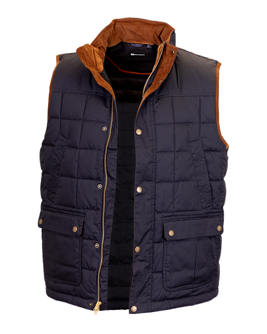 Banded Backland Vest in Navy, corduroy lined collar, front detail