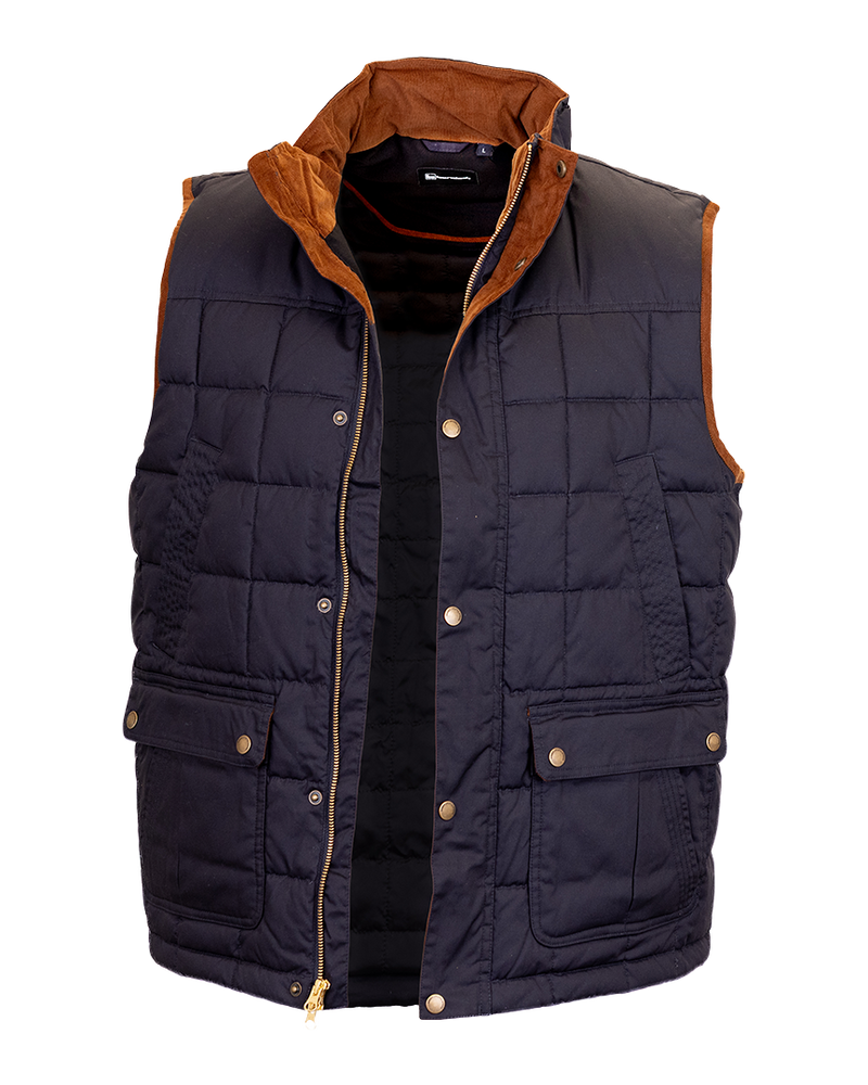 Banded Backland Vest in Navy, corduroy lined collar, front detail