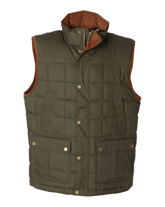 Banded Backland Vest in Deep Pine, waxed cotton insulated vest, front view
