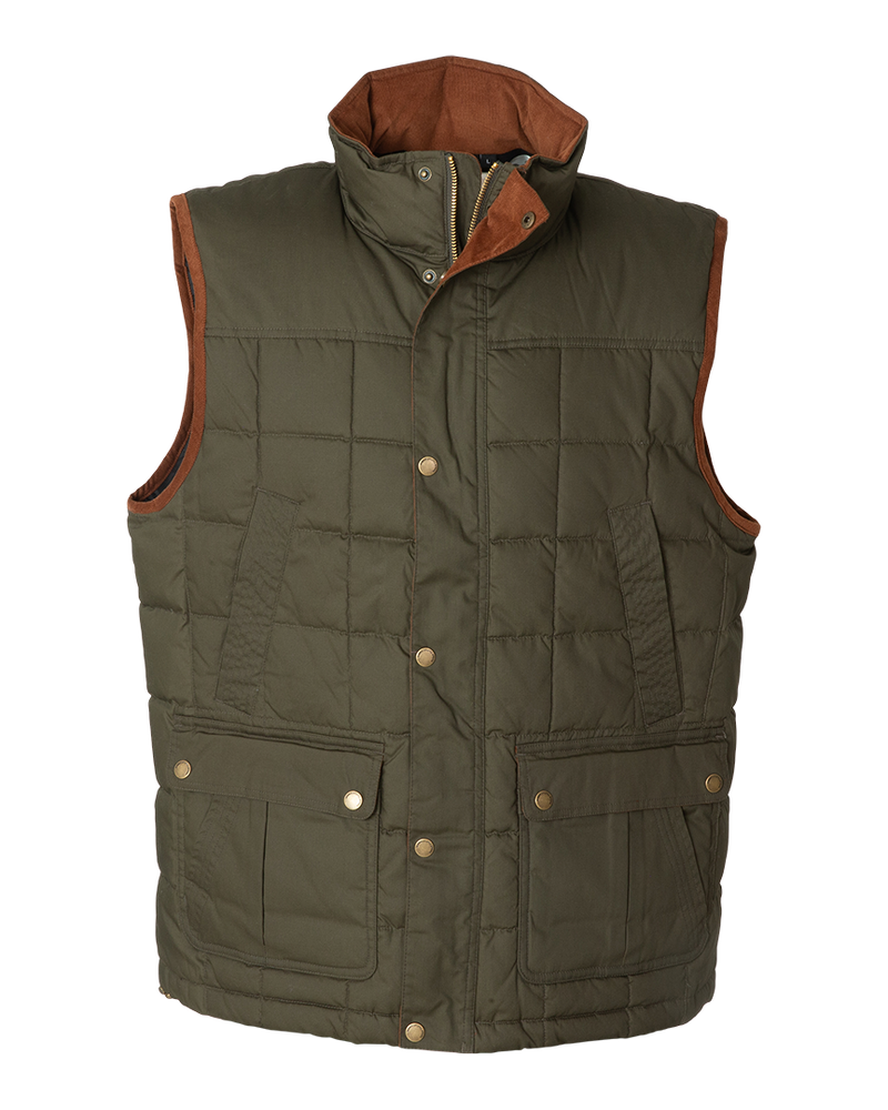 Banded Backland Vest in Deep Pine, waxed cotton insulated vest, front view