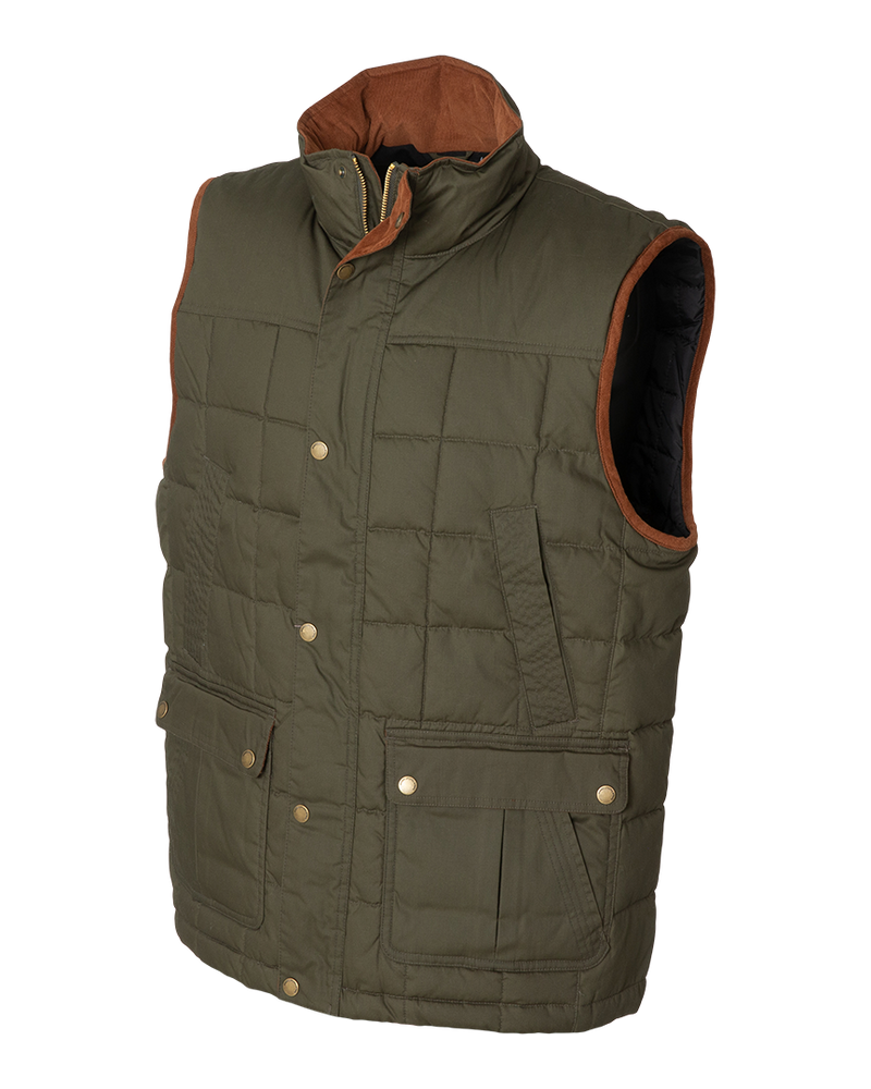 Banded Backland Vest in Deep Pine, waxed cotton insulated vest, side view