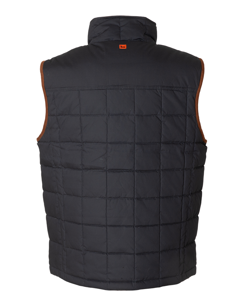 Banded Backland Vest in Navy, waxed cotton insulated vest, back view