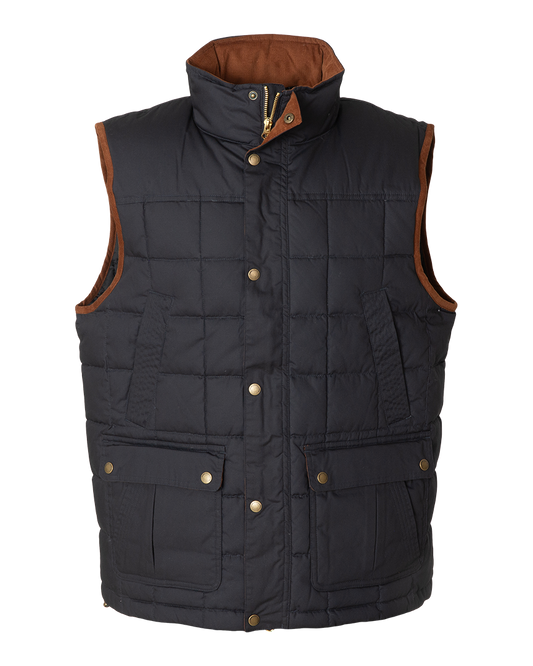 Banded Backland Vest in Navy, waxed cotton insulated vest, front view