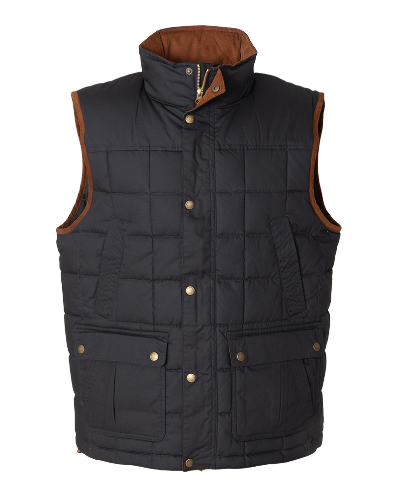 Banded Backland Vest in Navy, waxed cotton insulated vest, front view