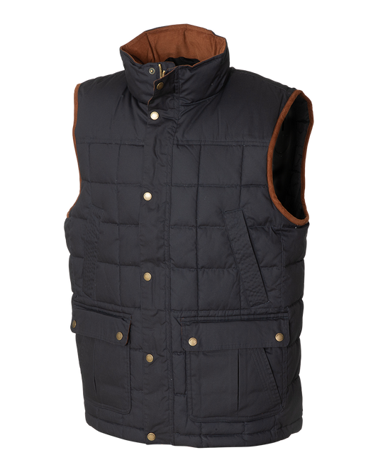 Banded Backland Vest in Navy, waxed cotton insulated vest, side view