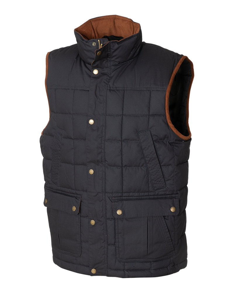 Banded Backland Vest in Navy, waxed cotton insulated vest, side view