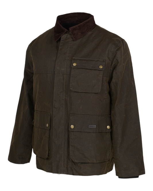 Banded Timberline Barn Coat in Fir, waxed canvas jacket, side view