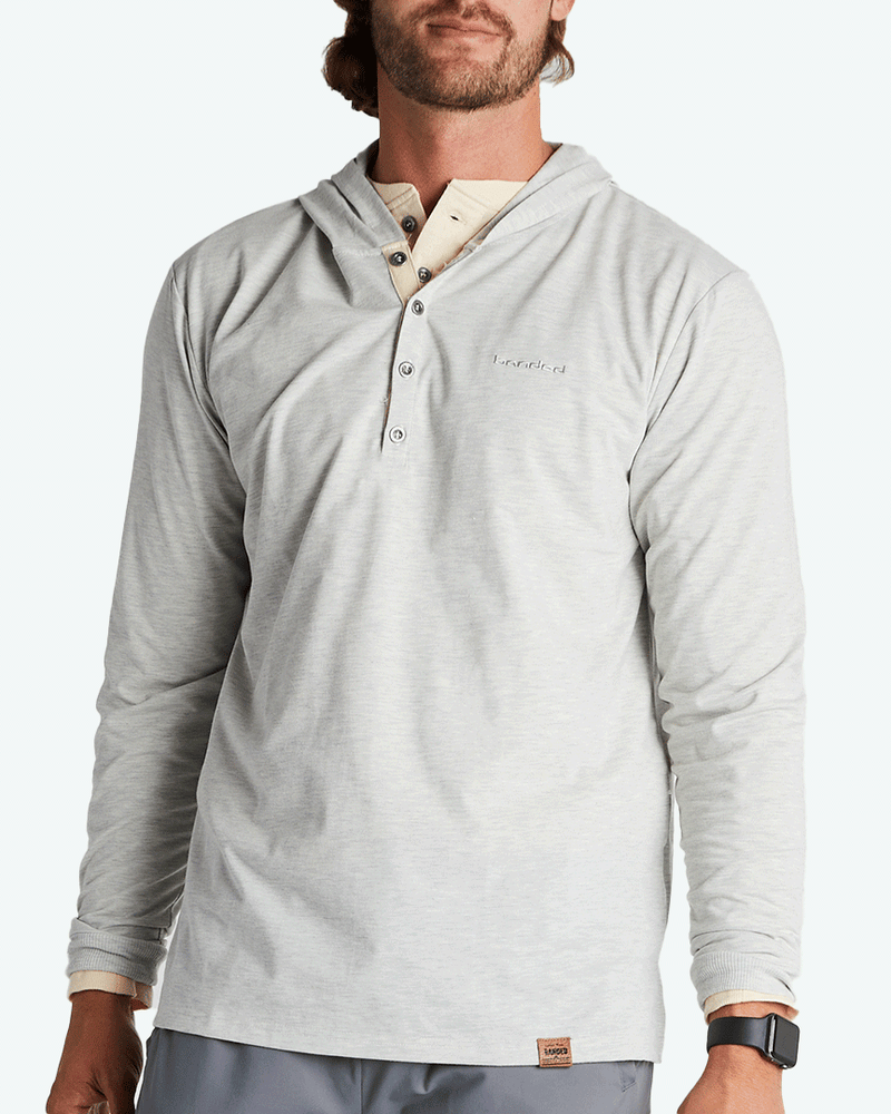Banded Casual Five Oaks Hooded Henley Model in Studio color Smoke