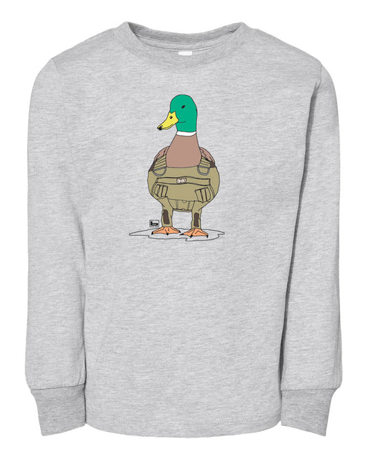 A duck in waders youth long-sleeve tee