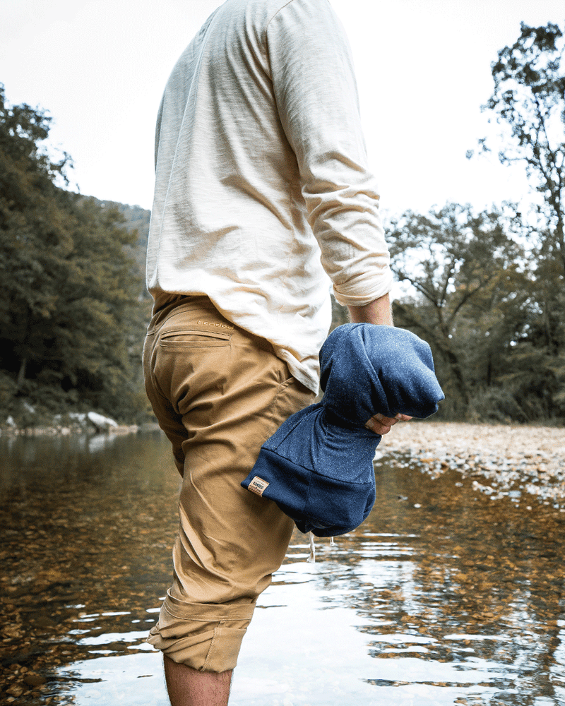 Banded Casual Brush Creek Henley model Josh Dokken exploring creek