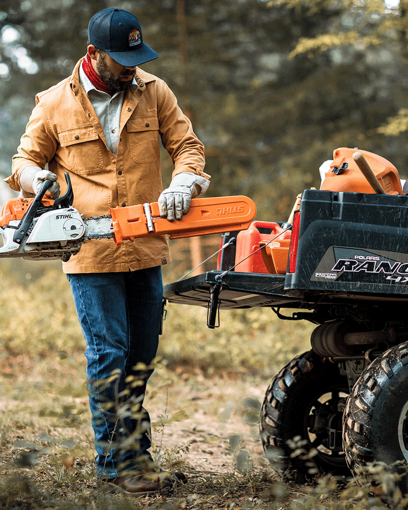 Banded Casual Canvas Camp Shirt Jacket in color Duck model Josh Dokken doing yard work