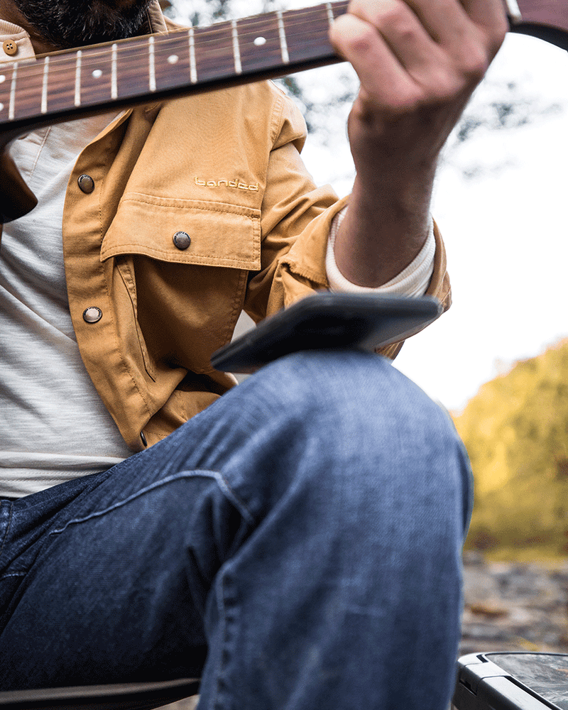 Banded Casual Canvas Camp Shirt Jacket in color Duck model Josh Dokken plaiying acoustic guitar this opening line