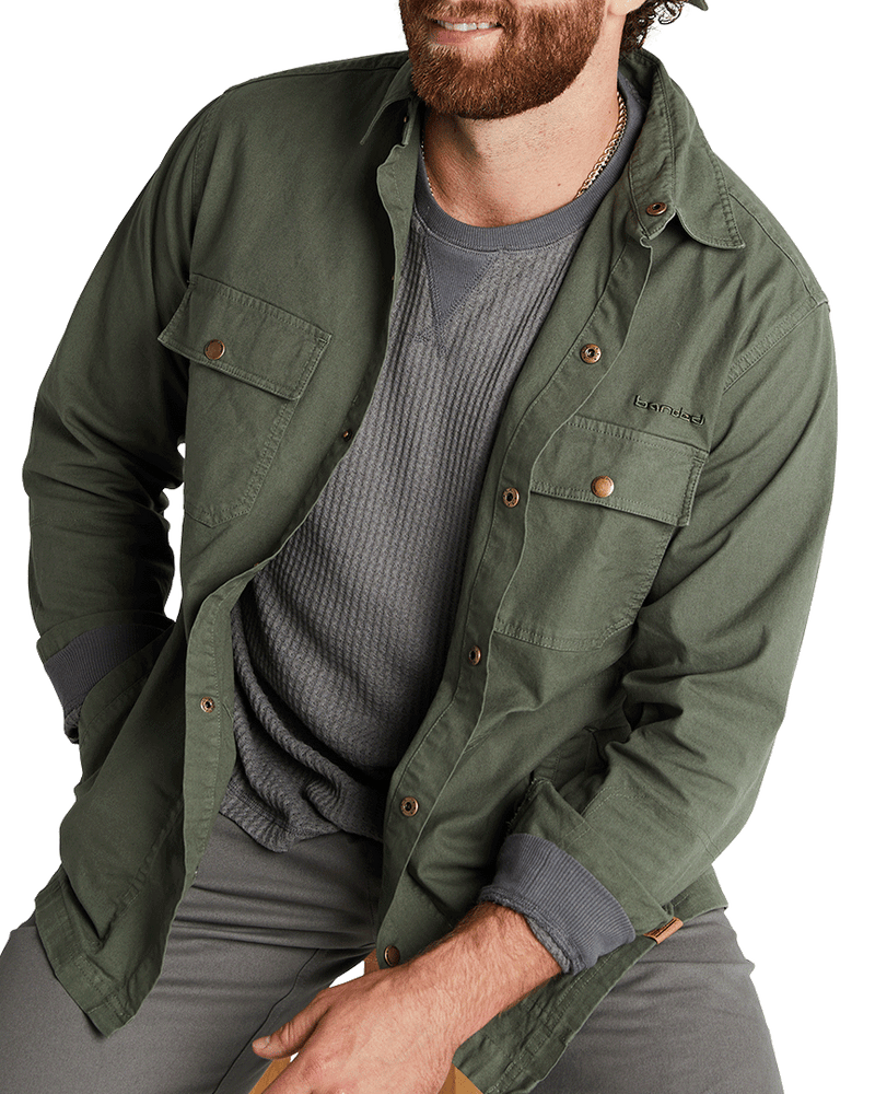 Banded Canvas Camp Shirt Jacket in Forrest over Grey Cliff Waffle Shirt and 365 Chino Pant from Banded Casual Fall 2021 Line