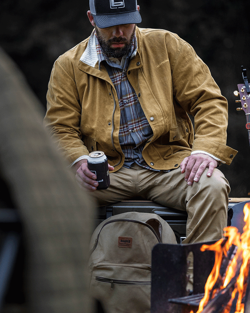 Banded Casual Hudson Jacket over Everglades Flannel Shirt Slate Plaid campfire friends and music acoustic guitar Josh Dokken and Adam Hood writing song This Opening Line