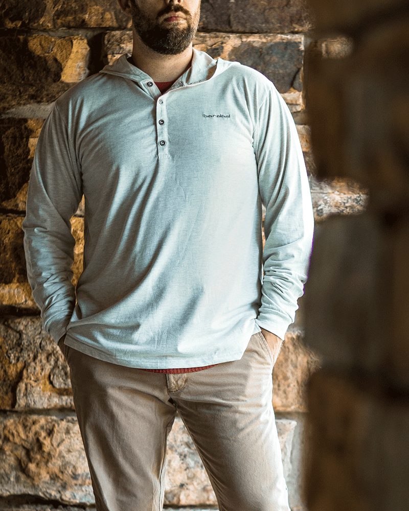 Banded Casual Five Oaks Hooded Henley Model Josh Dokken in Envirocolor Smoke