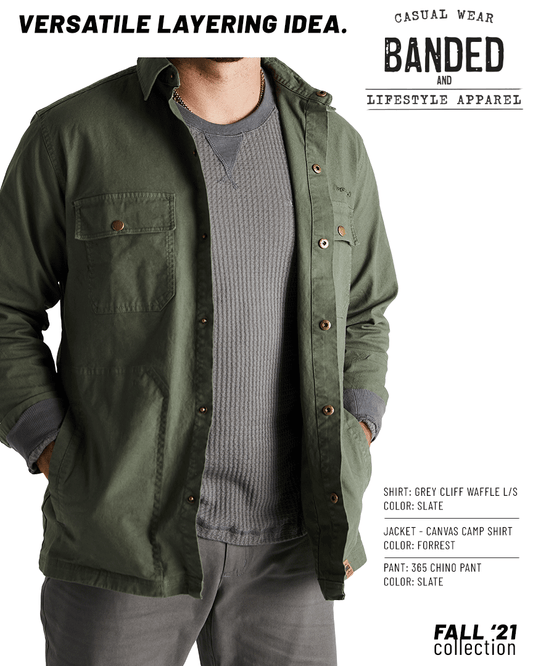 Banded Canvas Camp Shirt Jacket in Forrest over Grey Cliff Waffle Shirt and 365 Chino Pant from Banded Casual Fall 2021 Line