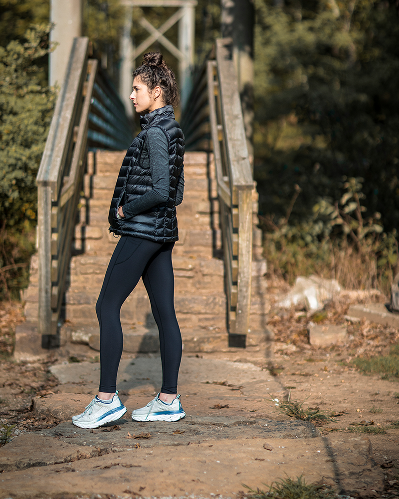 Banded Casual Women's Renew Down Vest model Tori Lee enjoying a morning run outdoors